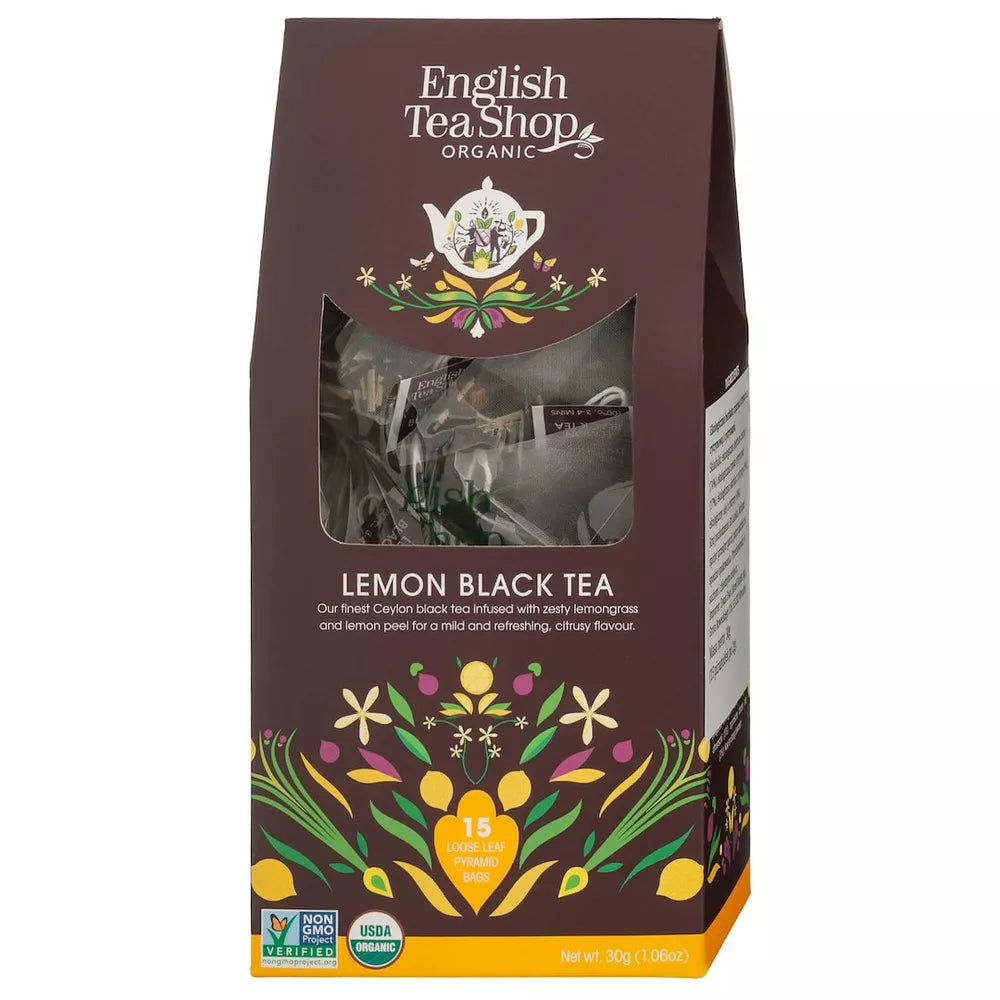 ENGLISH TEA SHOP Herbata czarna z trawą cytrynową i cytrynami 15 piramidek (30 g) - BIO