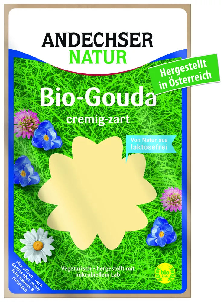 *ANDECHSER Ser gouda w plastrach 48% tłuszczu, BEZ laktozy (150g) - BIO