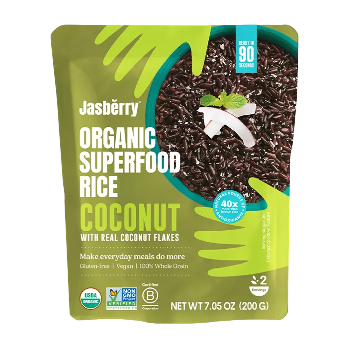 JASBERRY RICE (CALORIE WATCHERS) Ryż express Jasberry razowy z płatkami kokosowymi bezglutenowy (200 g) - BIO