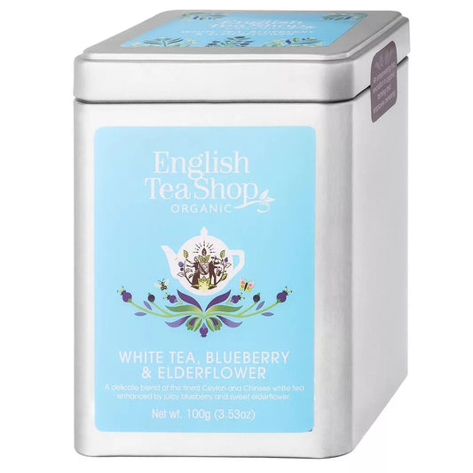 ENGLISH TEA SHOP Herbata biała z trawą cytrynową, czarnym bzem i borówkami sypana w puszce (100g) - BIO