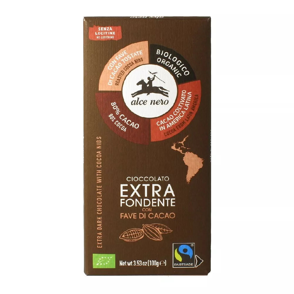 ALCE NERO Czekolada gorzka 80% posypana ziarnem kakao bezglutenowa (100 g) - BIO Fair Trade